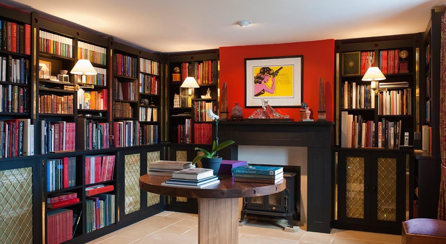 modern private home library with artwork