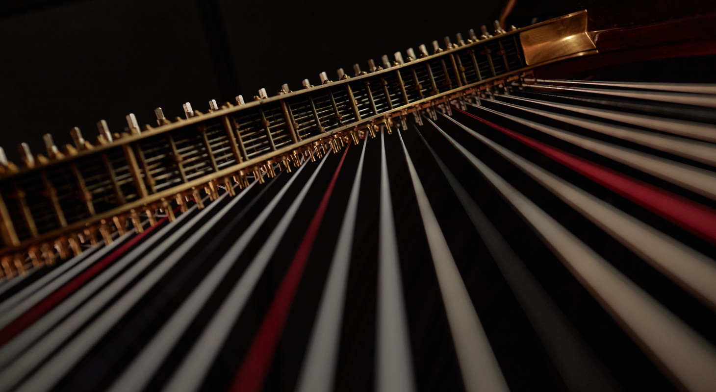 metal strings of harp standing in dim light