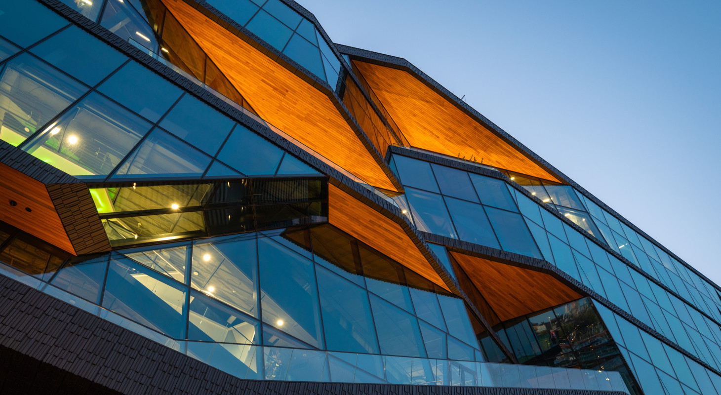 low angle view of modern glass building