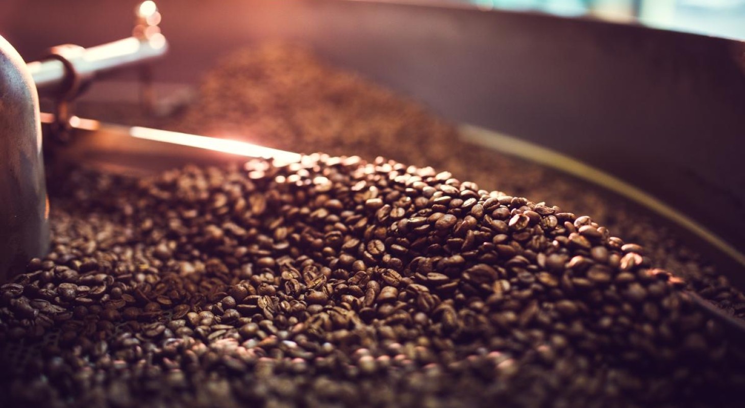 close up of coffee beans in a roaster
