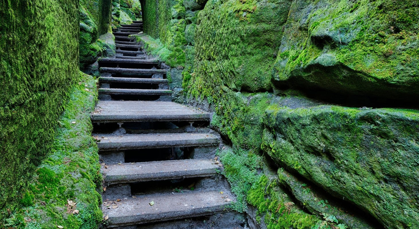 hiking trail between sandstone and rocks