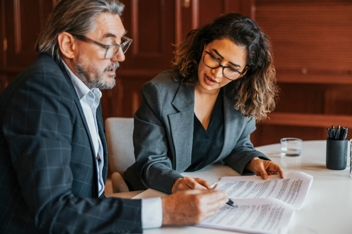 male and female business professionals examing document