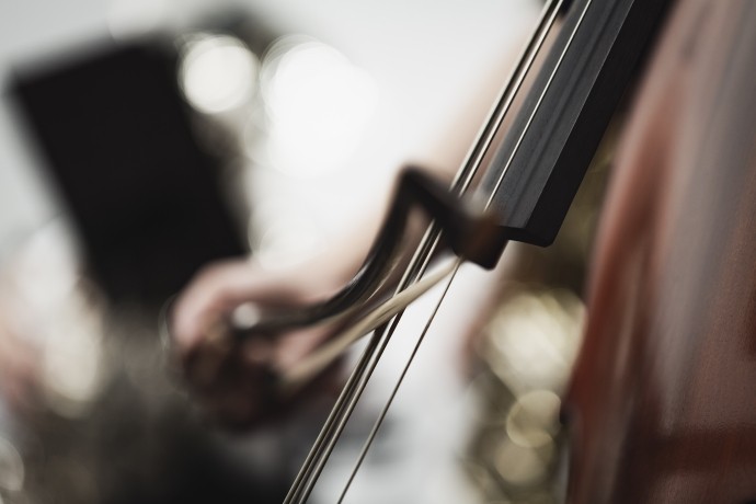 cello and bow in motion and out of focus
