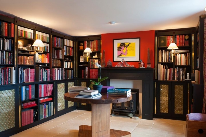 modern private home library with artwork
