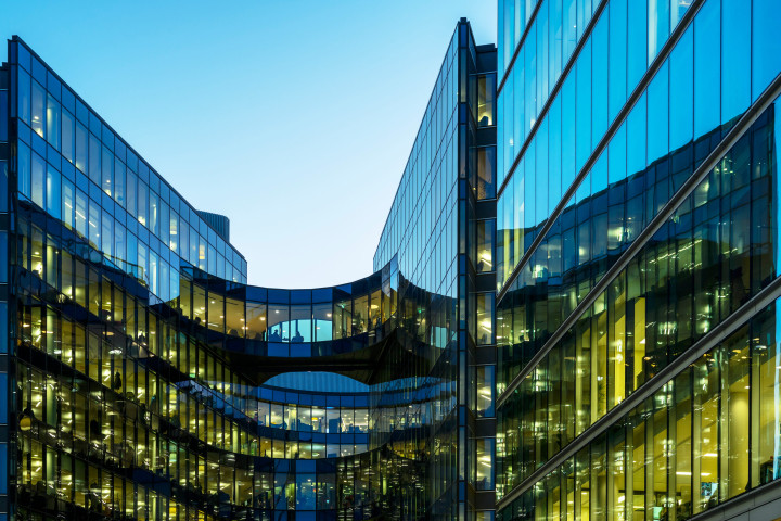 abstract of office windows at dusk