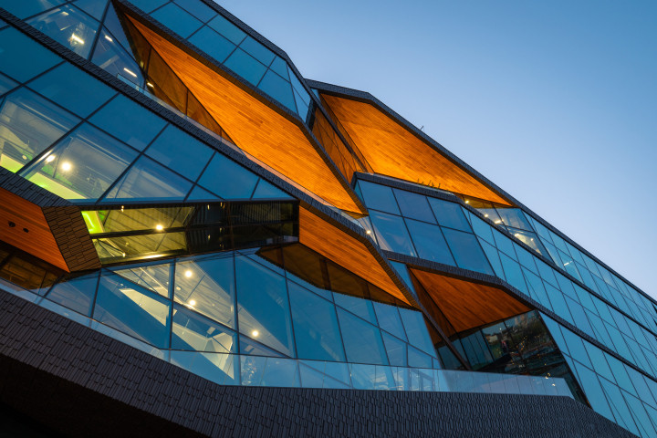 low angle view of modern glass building