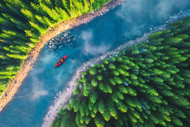 aerial view of red kayak on blue river between green forests 