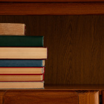 collection of books on a wooden shelf in cabinet