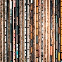 dozens of trains in railyard as viewed from directly above